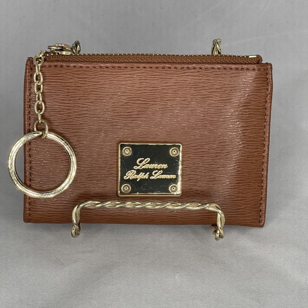 NWOT Lauren Ralph Lauren, Brown Deep Grain Leather Newbury Coin Purse Key Ring